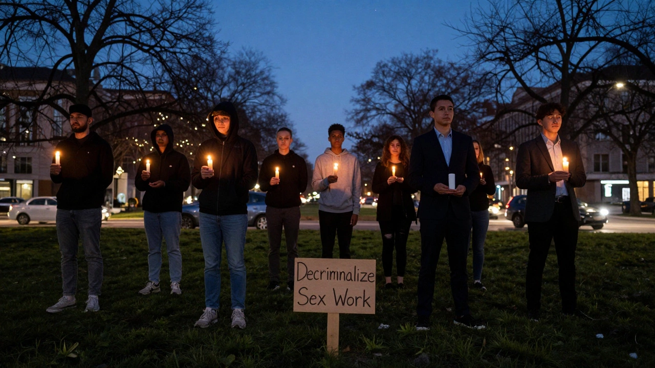 A silent group in a park at dusk holding candles near a simple sign.