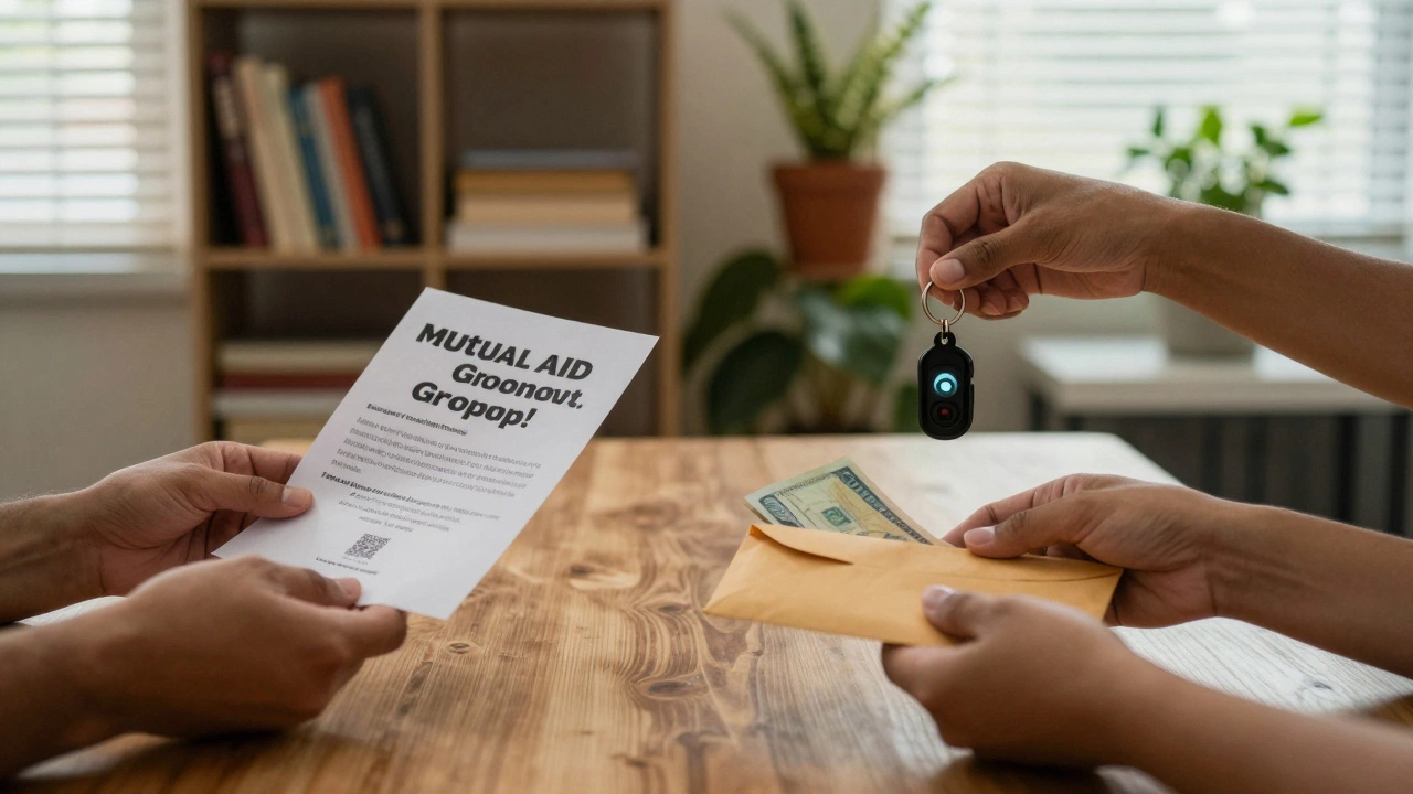 Three hands exchanging practical support items — no faces, only actions.